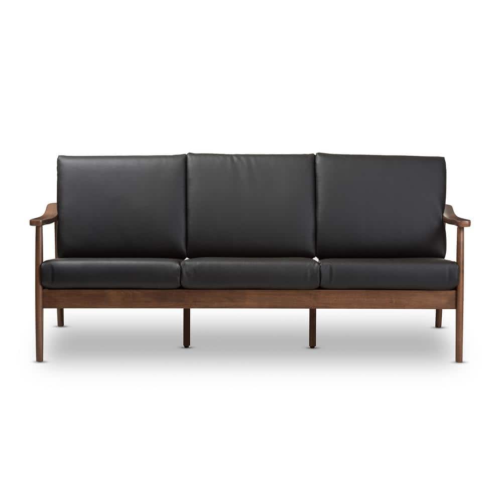 Venza Mid-Century Modern Black Faux Leather Walnut Wood 3-Seater Sofa