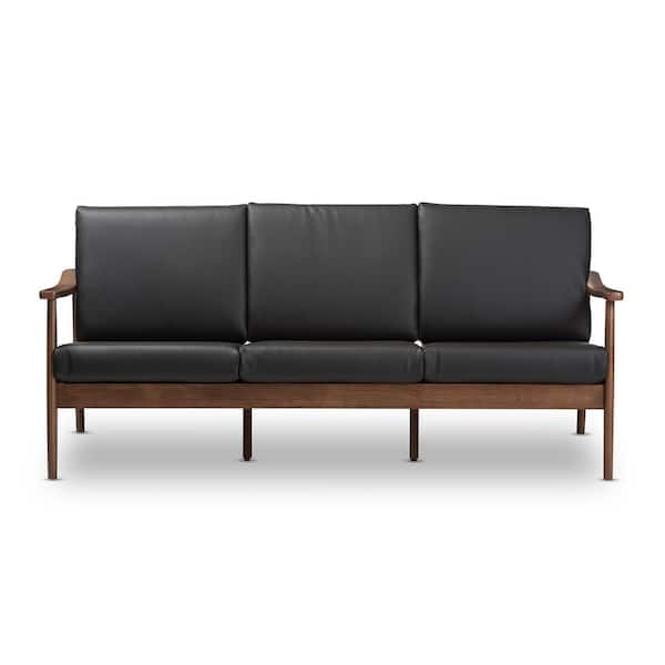 Baxton Studio Venza 72.1 in. Black/Brown Faux Leather 4-Seater Bridgewater Sofa with Wood Frame