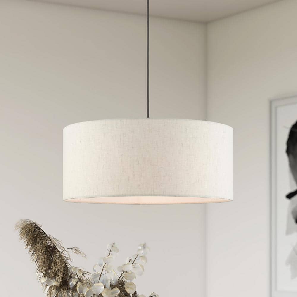 Meadow 3-Light English Bronze Drum Pendant with Oatmeal Shade