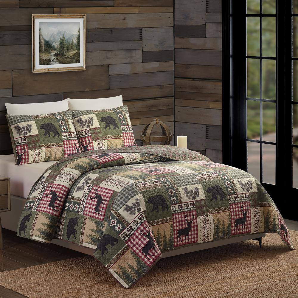 King Size Red and Green Cotton Reversible Quilt Set