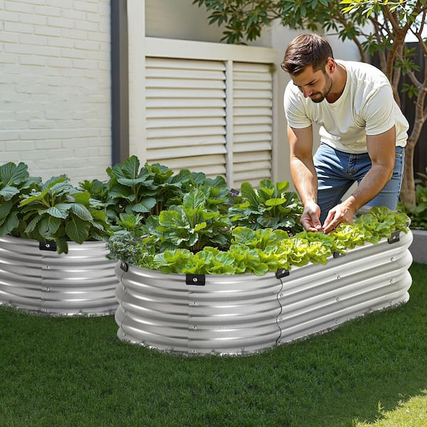 4 x 2 x 1 ft. Silver Aluminum Outdoor Galvanized Metal Raised Garden Bed with Open Bottom, Oval Planter Raised Bed
