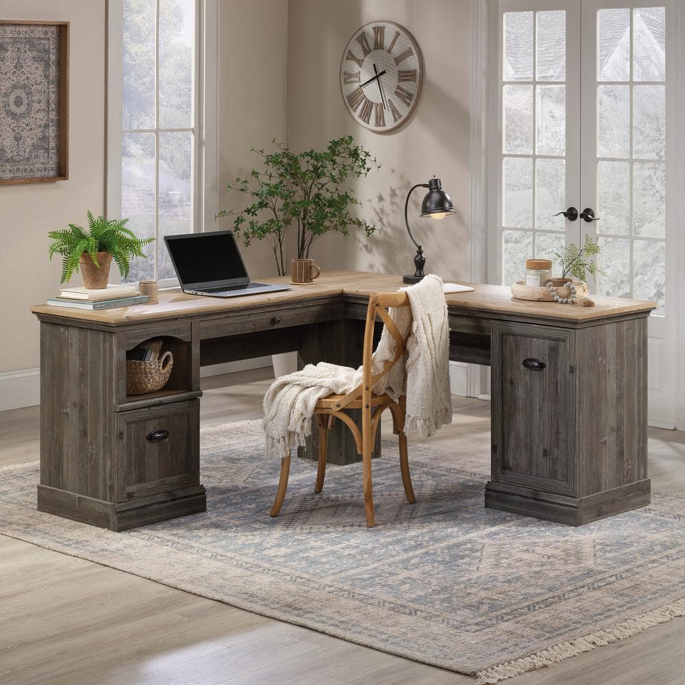 Pebble Pine L-Shaped Computer Desk with Storage and Keyboard Tray