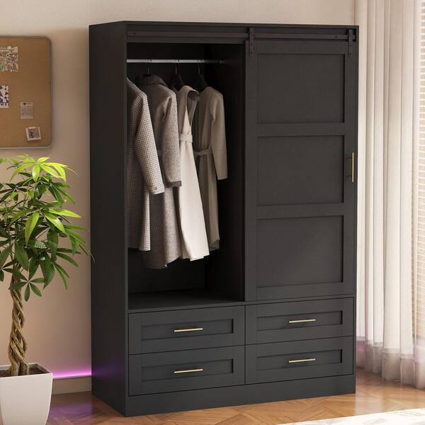 Farmhouse Collection Black Wood 47.24 in. Armoire with Hanging Rod & Open Shelves