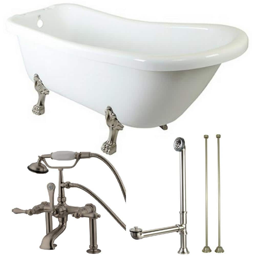 Slipper 5.6 ft. Acrylic Clawfoot Bathtub in White and Faucet Combo in Brush