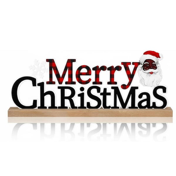 Merry Christmas Metal Sign (African American Design)-Black Santa & Red-Black Buffalo Plaid, with Wooden Base