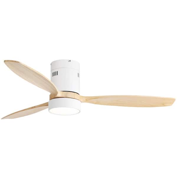 Sofucor 52 in. Integrated LED Indoor/Outdoor Wood White Flush Mount Ceiling Fan with Light and Remote Control