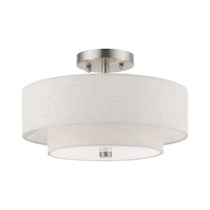 Meridian 13 in. 2-Light Brushed Nickel Semi-Flush Mount with Oatmeal Color Fabric Shades