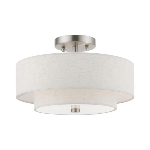 Livex Lighting Meridian 13 in. 2-Light Brushed Nickel Semi-Flush Mount with Oatmeal Color Fabric Shades