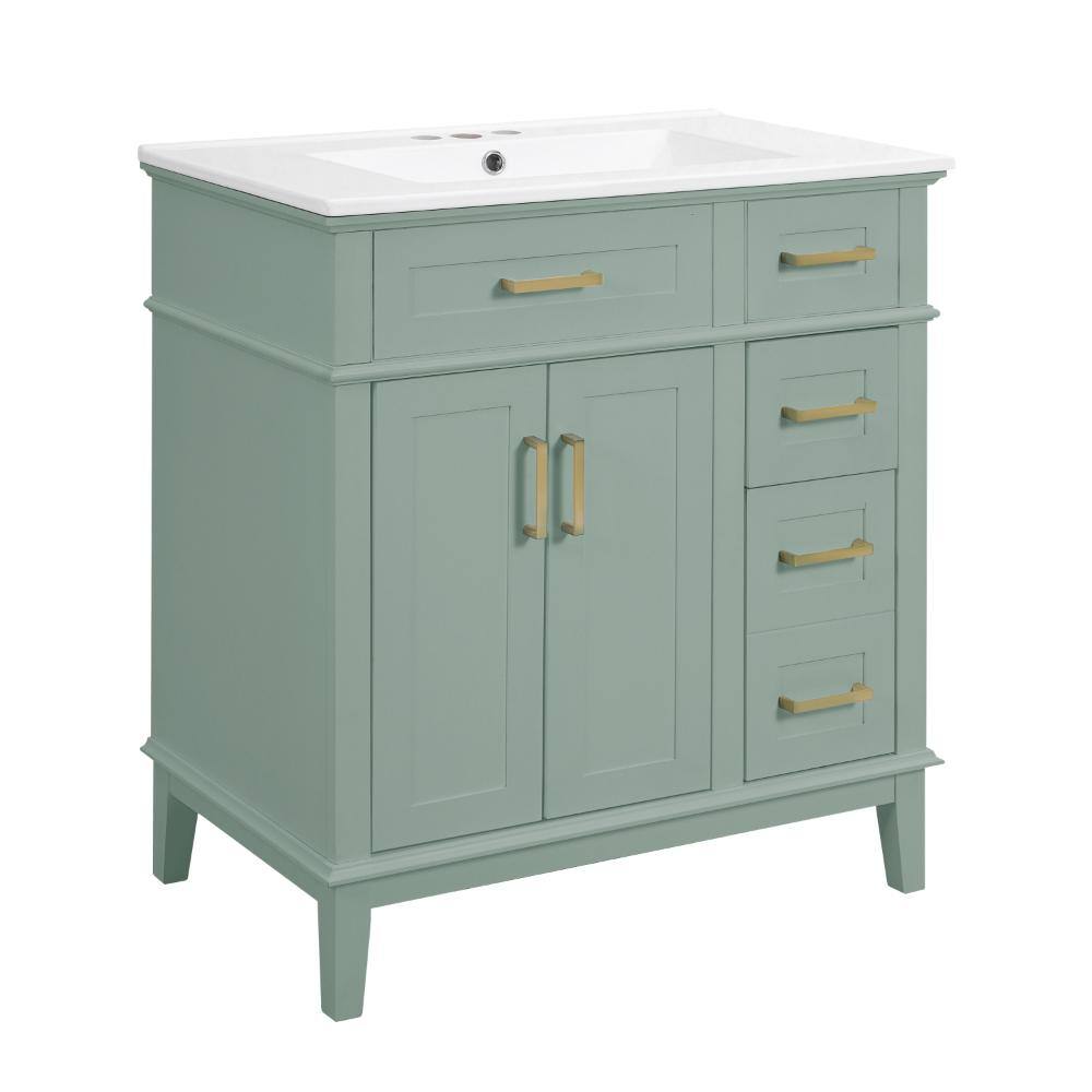 30 in. W Green Freestanding Bath Vanity with White Ceramic Top Sink,Soft-Close Doors, Deep Drawer & Standard Drawer