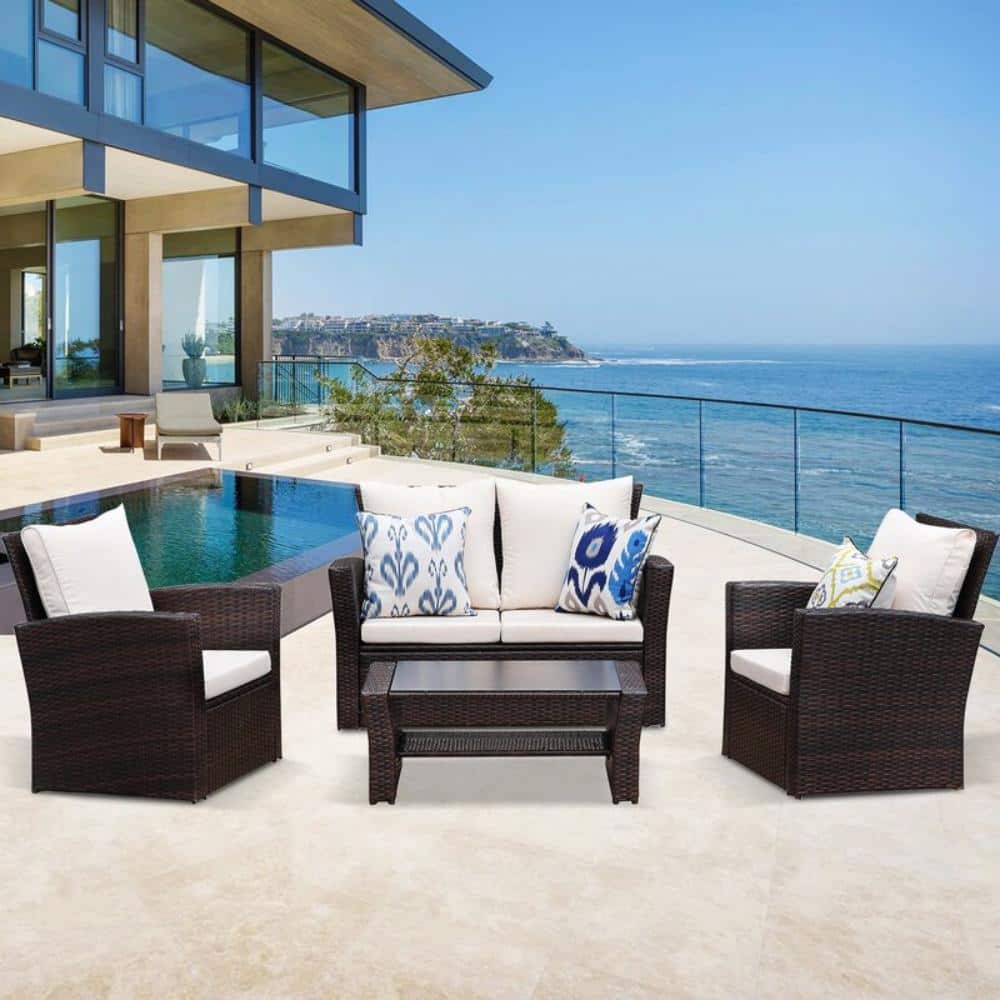 Brown 4-Piece Wicker Outdoor Sectional Set with Beige Cushions and End Side