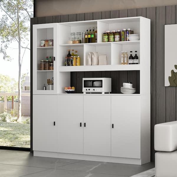 FUFU&GAGA 68.9 in. H White Wood Doors Accent Cabinet with 4-Tier Shelves and 2-Drawers Storage Cabinet Bookshelf Cupboard