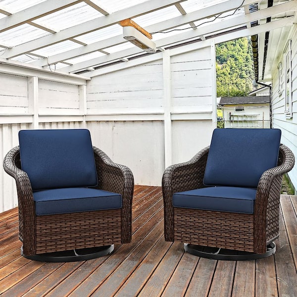2-Piece Brown Wicker Outdoor Rocking Chair Patio Swivel Chair Set with Blue Cushion