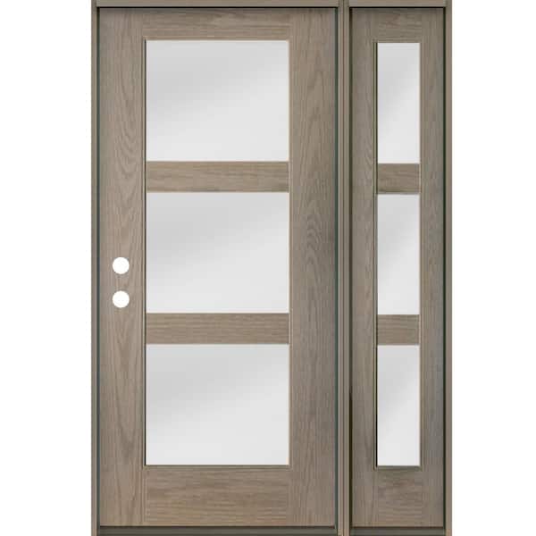 Krosswood Doors Modern 50 in. x 80 in. 3-Lite Right-Hand/Inswing Satin Glass Oiled Leather Stain Fiberglass Prehung Front Door with RSL