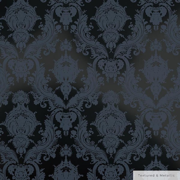 Grey on Metallic Black Damsel Vinyl Peel and Stick Textured Wallpaper Roll