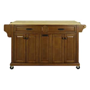 Brown Solid Wood Countertop 60 1/2 in. W Rolling Kitchen Island Cart on Wheels, Towel and Spice Rack