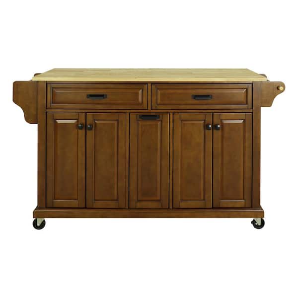 ANGELES HOME Brown Solid Wood Countertop 60 1/2 in. W Rolling Kitchen Island Cart on Wheels, Towel and Spice Rack