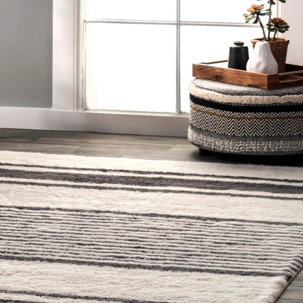 Ivory and Black Striped Wool Washable 4' x 6' Area Rug