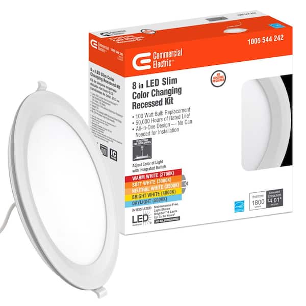 Commercial Electric Ultra Slim 8 in. Canless CCT Integrated LED Recessed Light Trim All-in-One Downlight 1800 Lumens Dimmable - The Home Depot