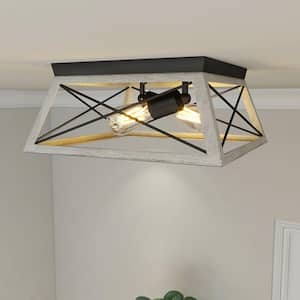 2-Light Kitchen Farmhouse Ceiling Light Flush Mount With Faux Weathered Wood Finished
