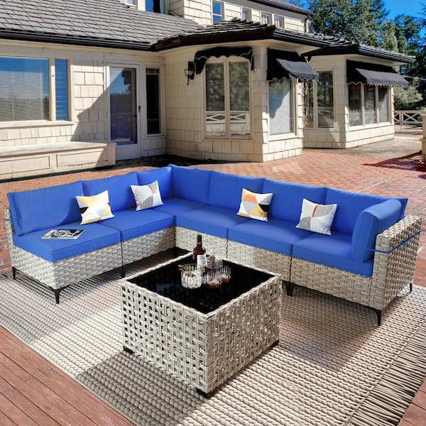Taurus 7-Piece Wicker Outdoor Sectional Set with Navy Blue Cushions