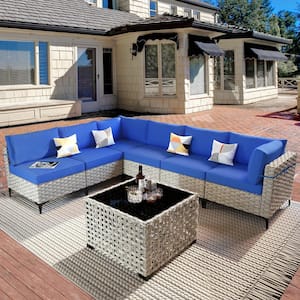 Apollo 7-Piece Wicker Outdoor Patio Conversation Seating Set with Navy Blue Cushions