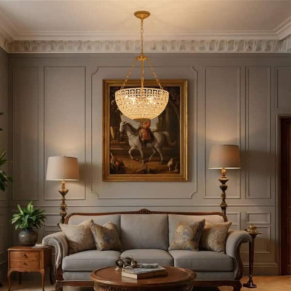 Iridescent 4-Light 17.9-in W Antique Gold Crystal Bowl Pendant Light for Living Room and Dining Room