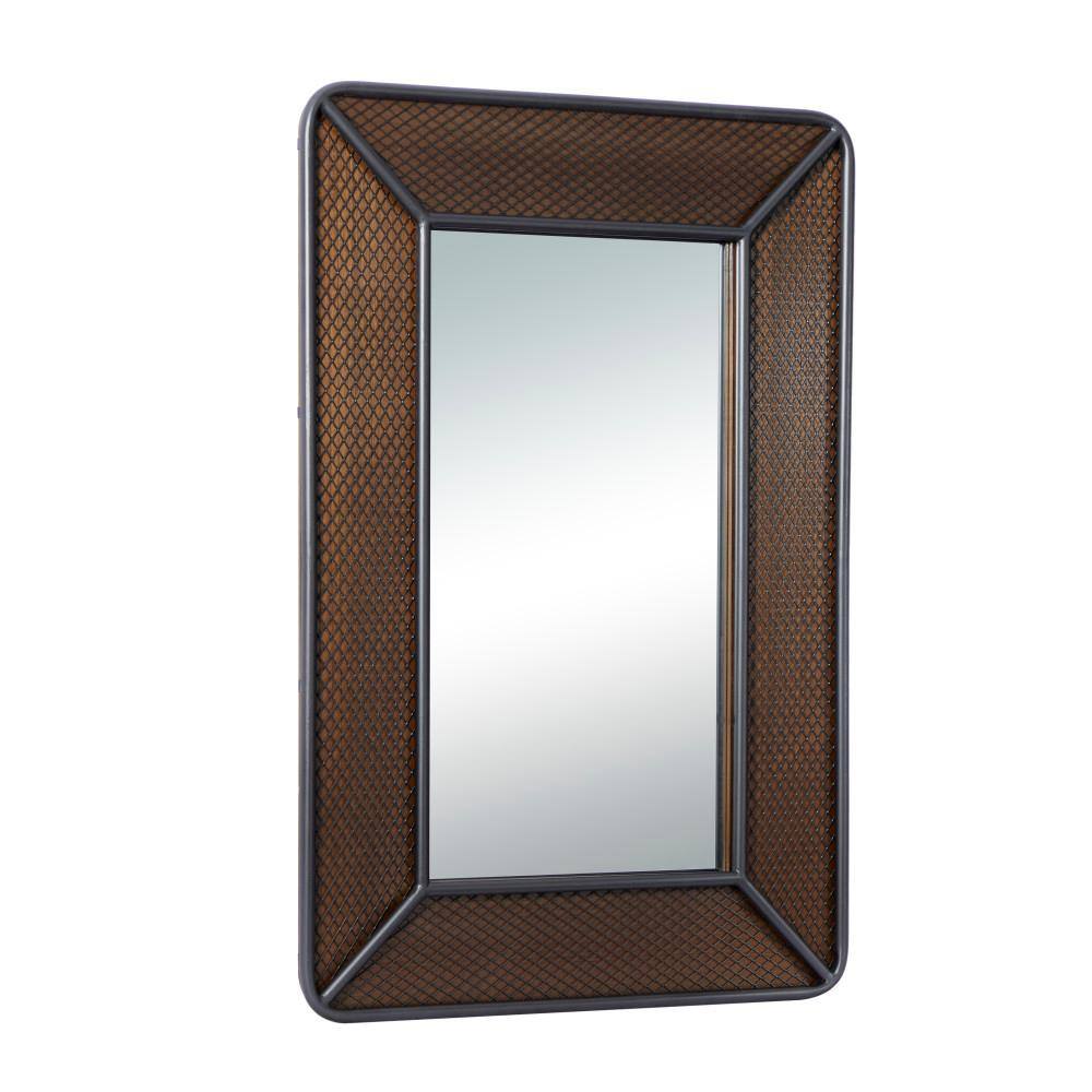 Brown Rectangular Wood Wall Mirror with Netting Frame