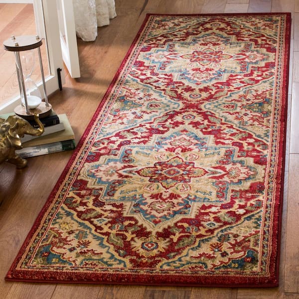 Kashan Red/Beige 3 ft. x 8 ft. Border Runner Rug