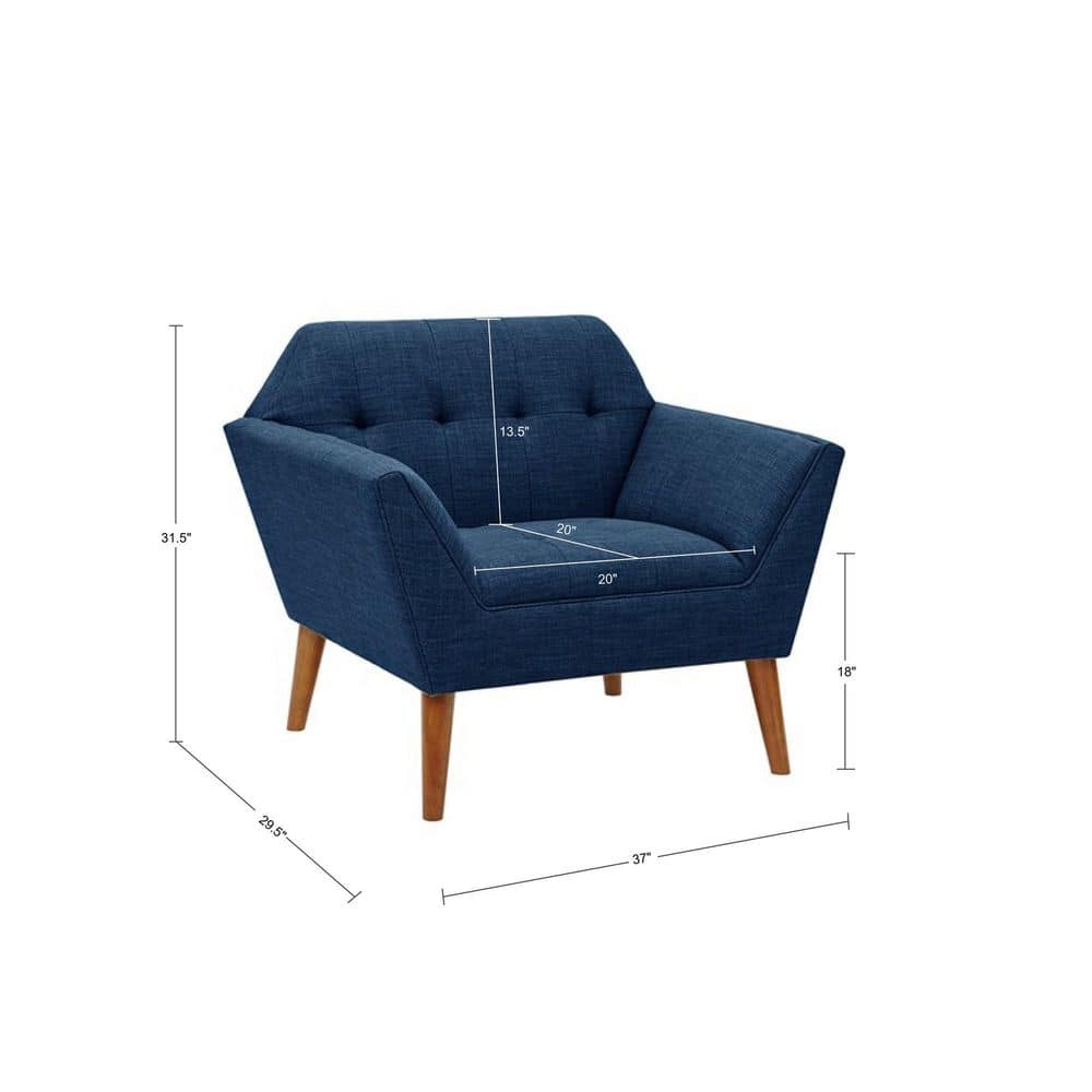 Blue Mid-Century Modern Wood Accent Chair with Button Tufting