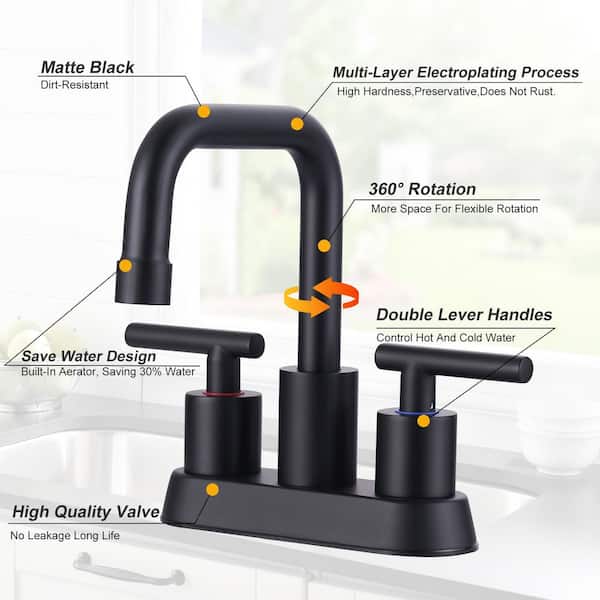 Modern 4 in. Centerset 3-Hole Double-Handle Bathroom Sink Faucet, Basin Faucet with Pop-Up Drain in Matte Black