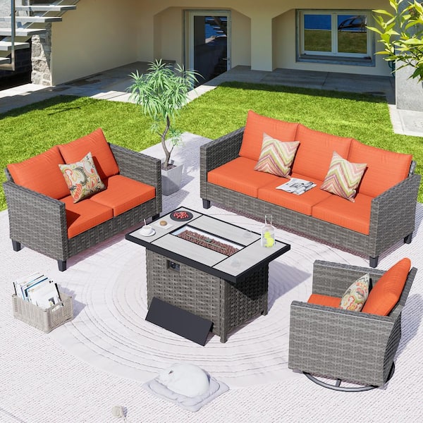 XIZZI Shasta Gray 4-Piece Wicker Patio Rectangular Fire Pit Set with Orange Cushions and Swivel Rocking Chair