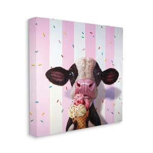 Cute Baby Cow with Ice Cream Cone Pink Stripes by Lucia Heffernan Unframed Animal Canvas Wall Art Print 17 in. x 17 in.