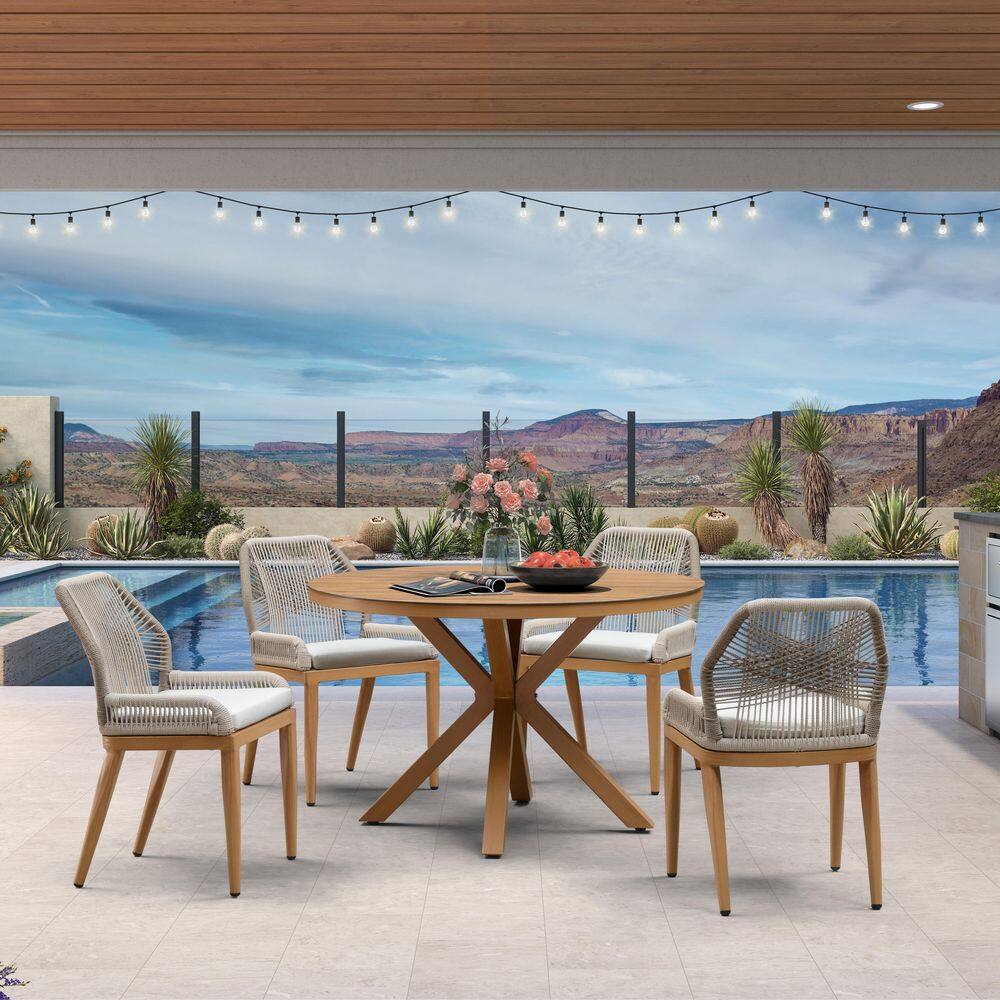 5-Piece Oversize Aluminum Outdoor Dining Set Deep Teak Patio Furniture Set Wicker Table and Chairs with Cushions price history on PriceWatchPro