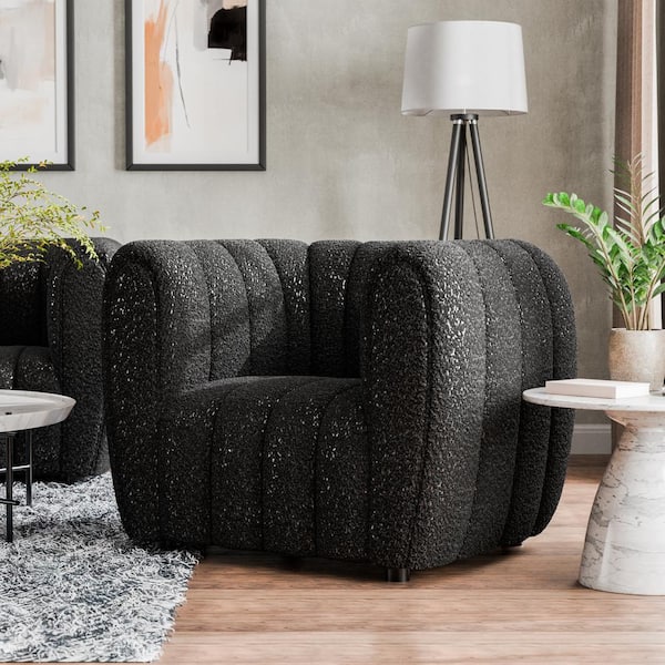 Furniture of America Laura Black Boucle Polyester Fabric Glam Accent Barrel Chair With Wood Legs
