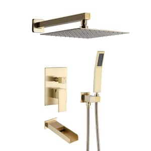 1-Spray Square Hand Shower with Tub and Shower Faucet Spout Combo Set in Brushed Gold (Valve Included)