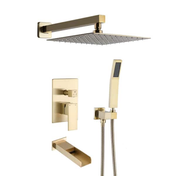 YASINU 1-Spray Square Hand Shower with Tub and Shower Faucet Spout Combo Set in Brushed Gold (Valve Included)