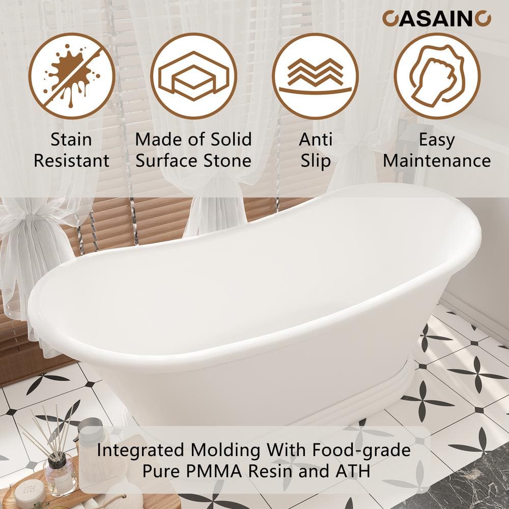 67" Matte White Stone Resin Freestanding Soaking Bathtub