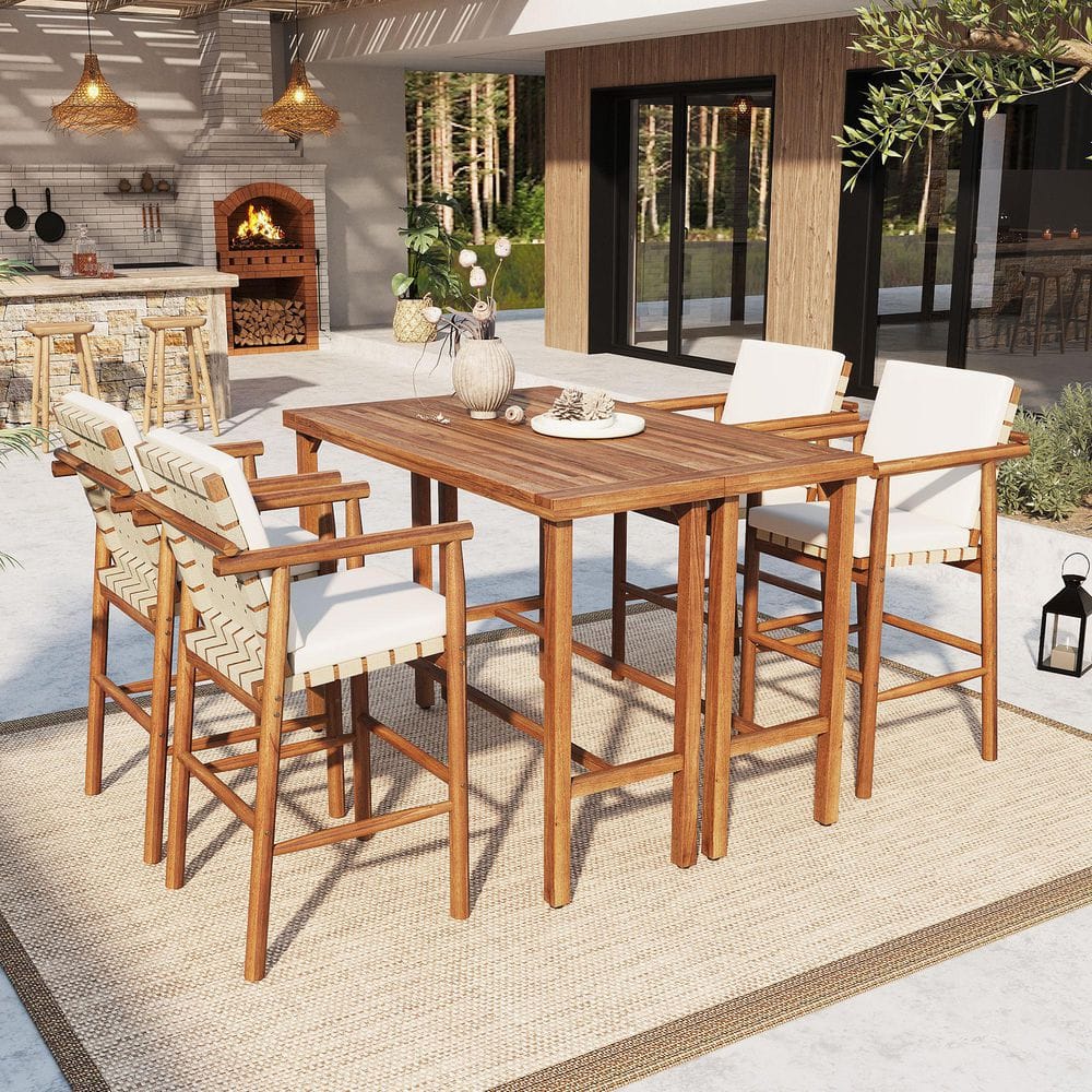 LUMISOL 6-Piece Outdoor Patio Bar Height Set – 2 Acacia Wood