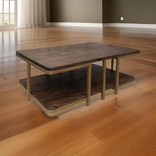 Benjara Nexa 30.75 in. Brown and Gold Rectangle Wood Coffee Table with Shelf