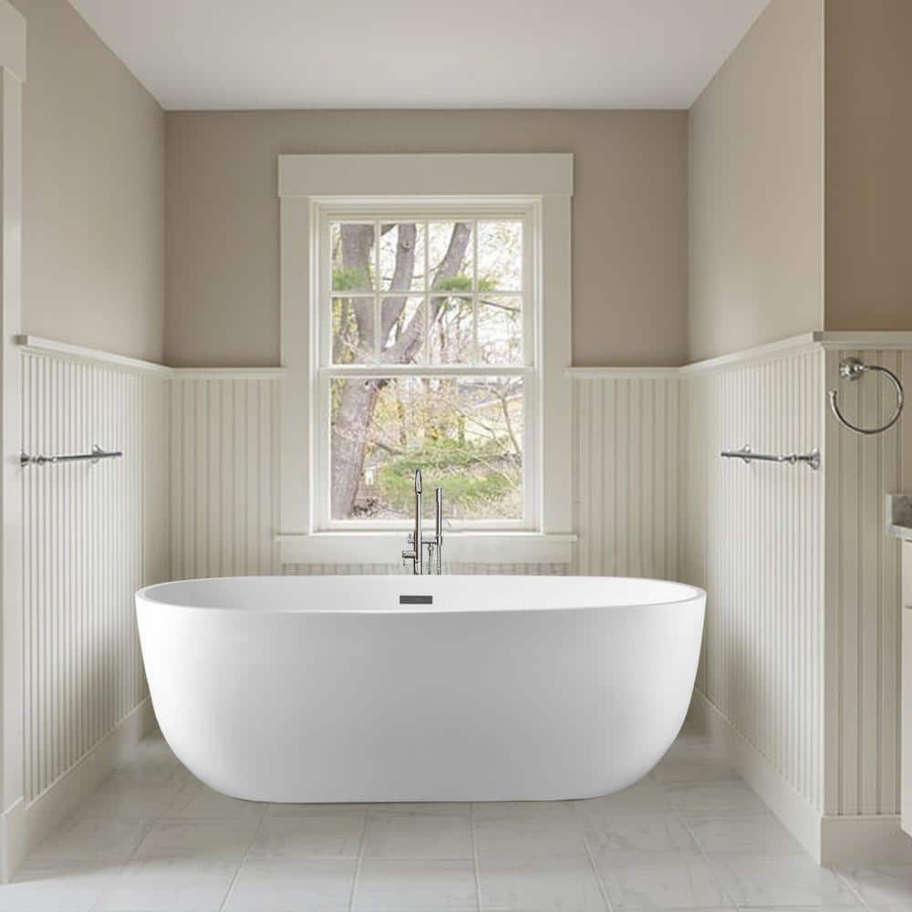White Acrylic 59" Freestanding Soaking Bathtub with Chrome Drain