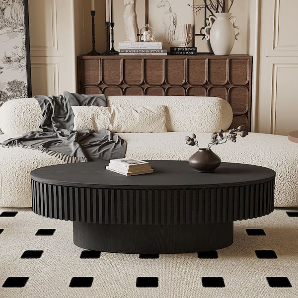 Leigh Modern 47.2 in. Black Oval MDF Wood Coffee Table with Storage, Fluted Design, Natural