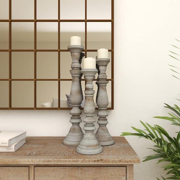 Gray Mango Wood Candle Holder (Set of 3)