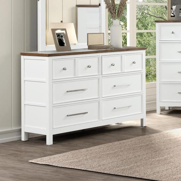 Furniture of America Beiring White and Dark Brown 6-Drawer 54 in. Dresser with Nickel Finish Mushroom Knob