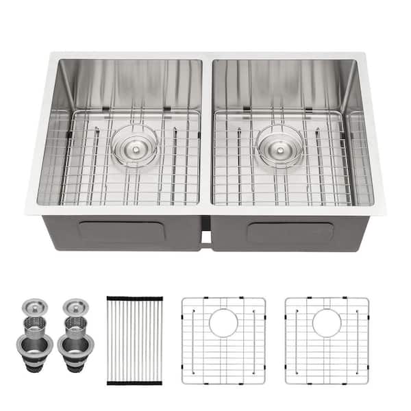 33 in. Undermount Double Bowl Round Corner 16-Gauge Stainless Steel Kitchen Sink with Bottom Grid