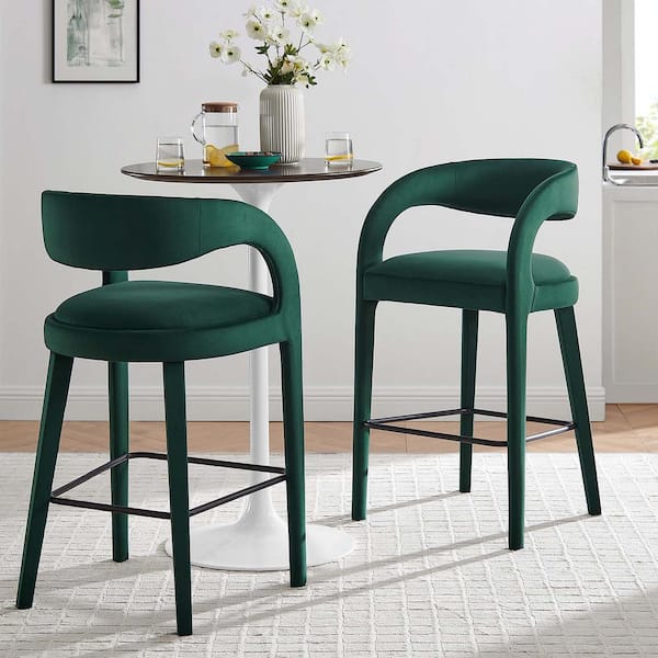 MODWAY Pinnacle 30 in. in Green Black Rubber Wood Performance Velvet Bar Stool Set of 2