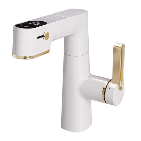 4 in. Centerset Single Level Handle Mid Arc Bathroom Faucet with Digital Display in White