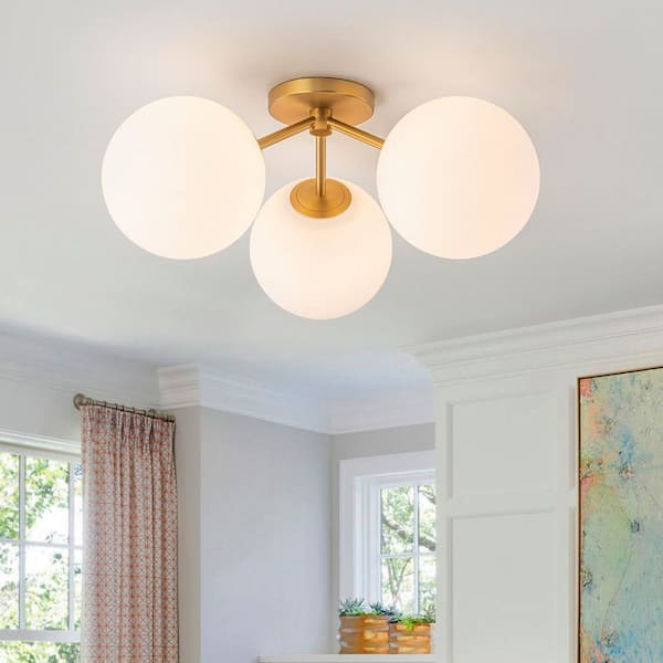 EDISLIVE Lueck 23.6 in. 3-Light Gold Sputnik Semi Flush Mount Ceiling Light with Globe Glass Shade
