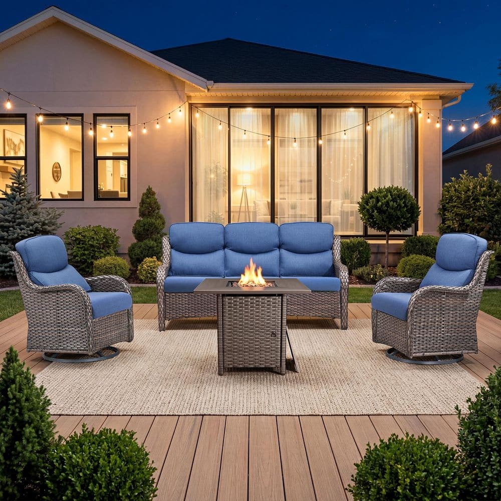 Sialion Brown 4-Piece Wicker Patio Fire Pit Conversation Sofa Set Outdoor Swivel Glider Chairs with 5 in. Bule Cushions price history on PriceWatchPro