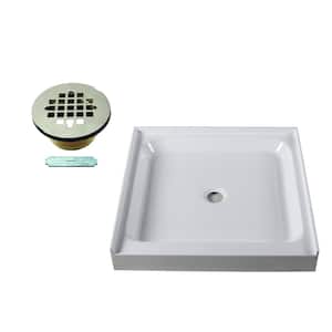 36 in. L x 36 in. W Single Threshold Alcove Shower Pan Base with Center Brass Drain in Satin Nickel