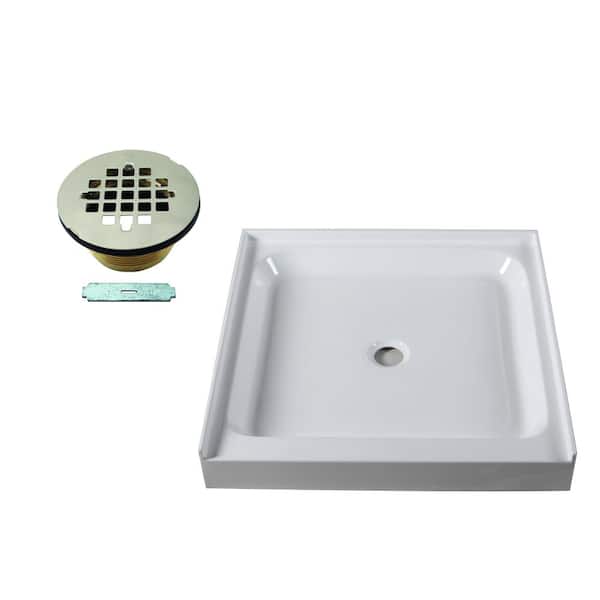 36 in. L x 36 in. W Single Threshold Alcove Shower Pan Base with Center Brass Drain in Satin Nickel